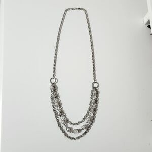 Multi Strand Layered Silver Tone Pearl Beaded Chain Ringlet Necklace Lobster
